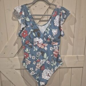 Unbranded One Piece 2xl With Flutter Sleeve, Teal With Floral Design